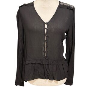 NWT Sophie Rue womens blouse black buttons peplum sheer shoulders long sleeve M